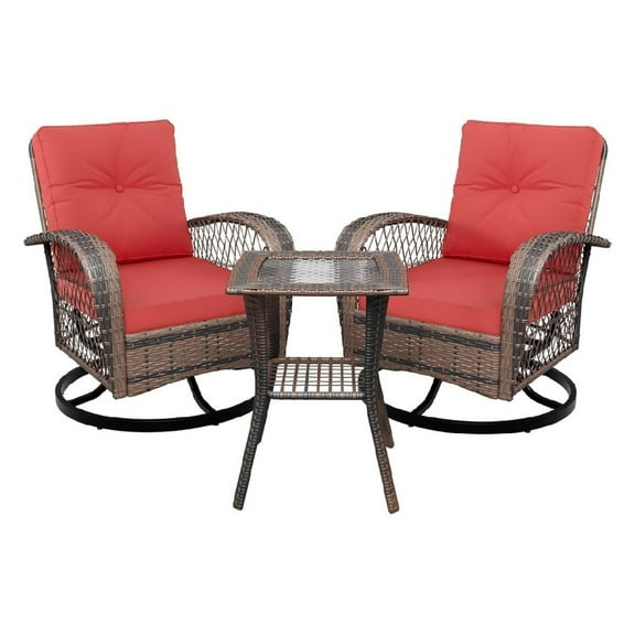 Home Outdoor 3 Pieces Patio Wicker Glider Chairs, 360 Degree Swivel Rockers Patio Chairs with Thickened Cushions and Glass Coffee Table, Rocking Patio Conversation Set for Deck Porch Pool Garden