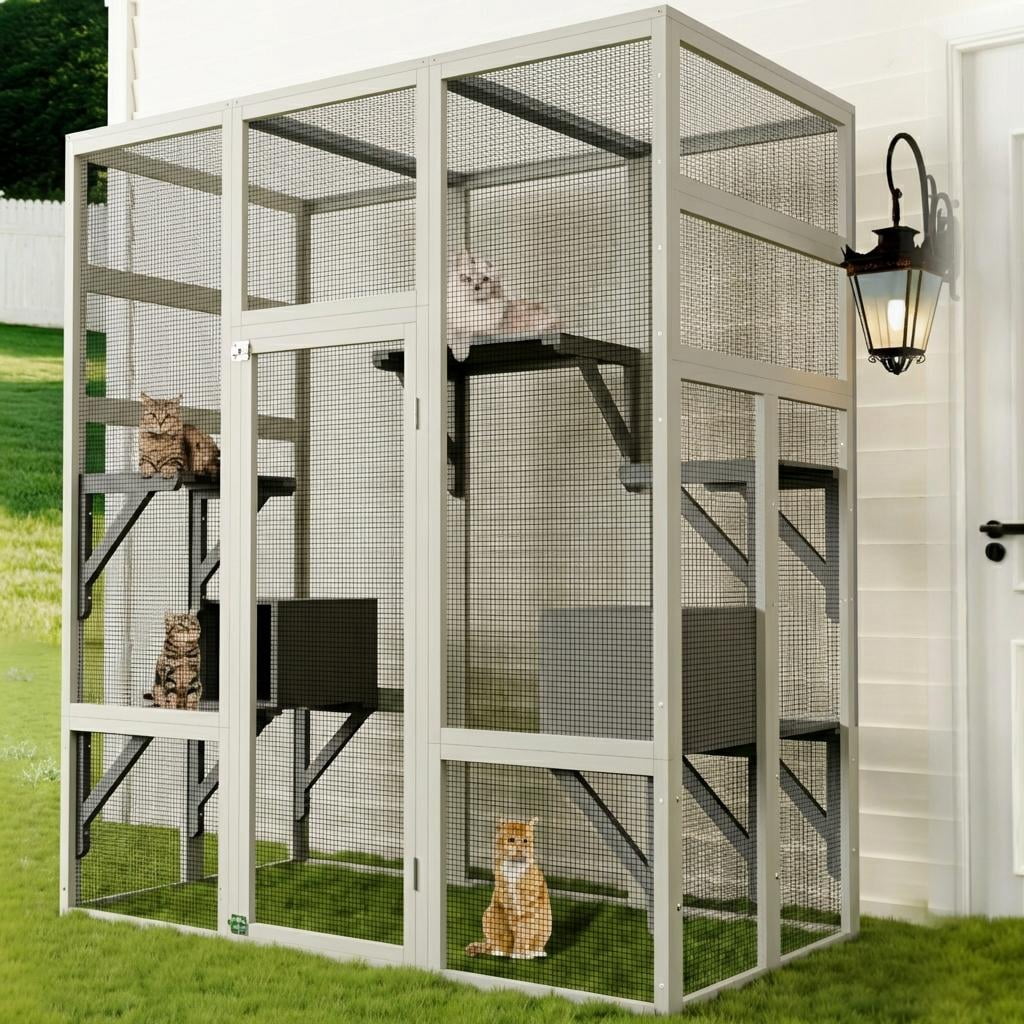 Home Outdoor 70'' Large Catio Wood Cat Enclosure with Perches and Condos, Pet Cat Patio with Waterproof Roof, Feral Cats Shelter 5 Platforms & 2 Resting Box, UV-Resistant