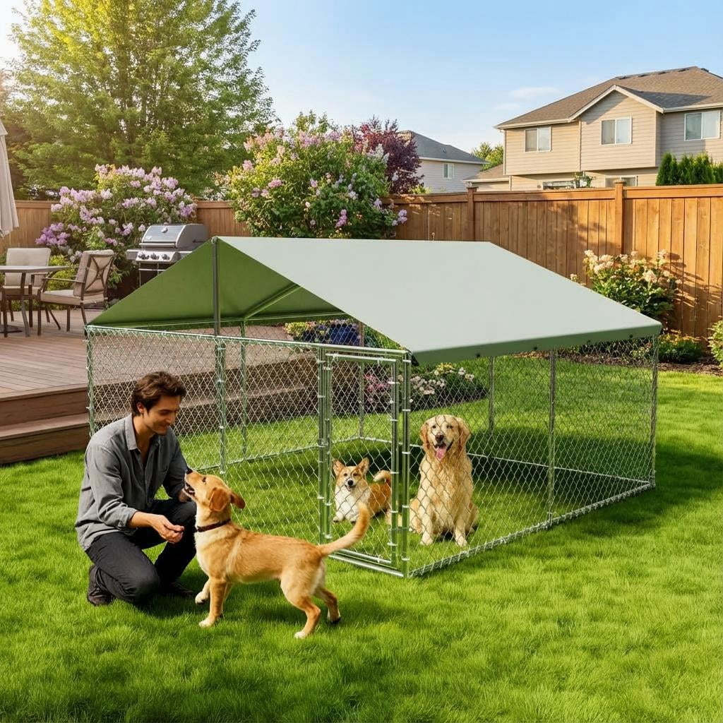 Home Outdoor Dog Kennel,  Large 10X10x6 FT Dog Kennel Outside with Roof, Dog Enclosure with Waterproof & UV-Resistant Cover ＆ Reinforced Galvanized Steel for Yard, Farm Use