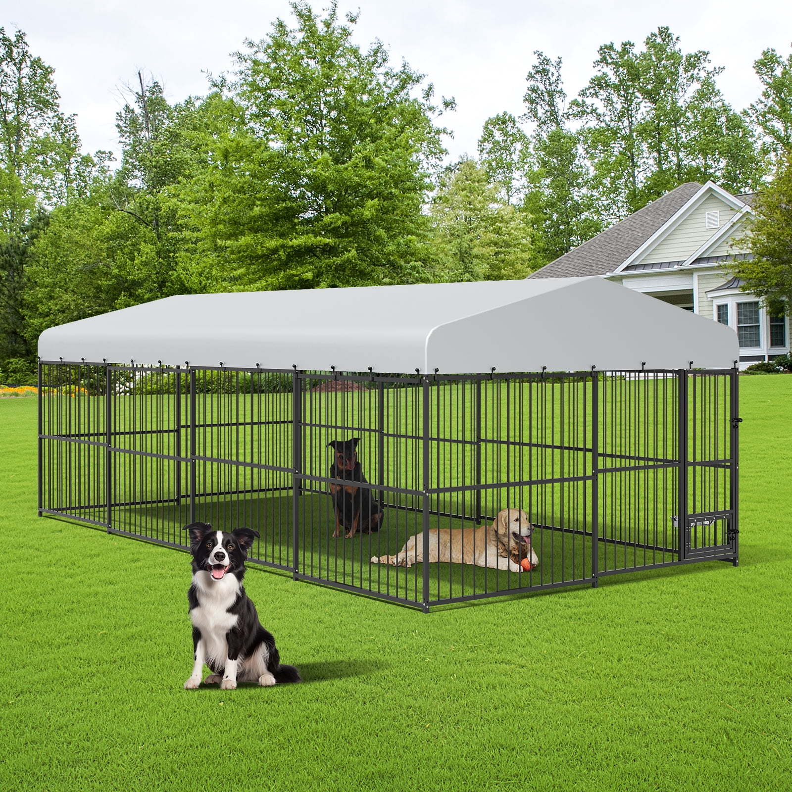 Home Outdoor Dog Kennel with Waterproof Canopy, 10×15FT,10×20FT Large Dog House with Feeding Doors, Large Dog Kennel Outdoor for Garden Backyard Courtyard