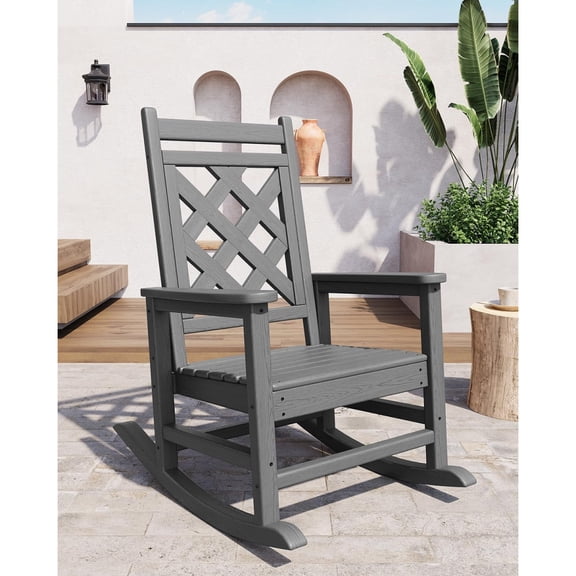 Home Outdoor Rocking Chair, All Weather HDPE Plastic Patio Rocker Chair with Wide Armrests, Classic Fire Pit Chair for Porch, Deck, Lawn, Garde, 380LBs, Easy to Install