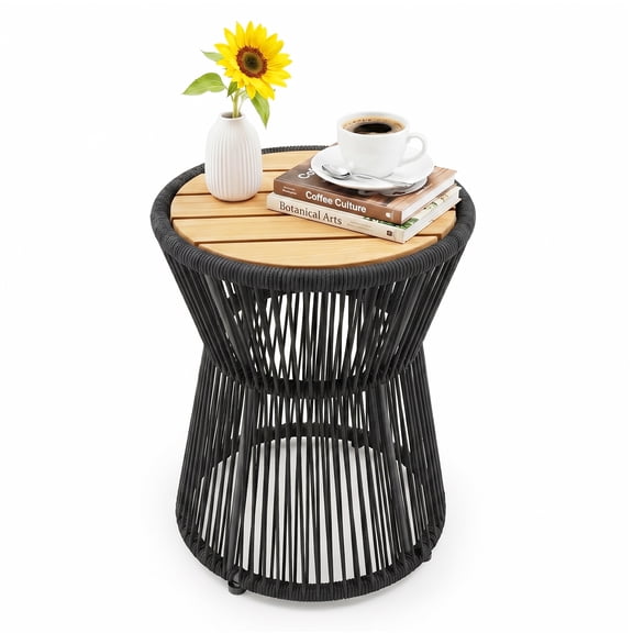 Home Outdoor Small Side Table, 20 in Patio Rattan End Table with Wood Top Round Coffee Table for Living Room Outdoor Patio Backyard Poolside