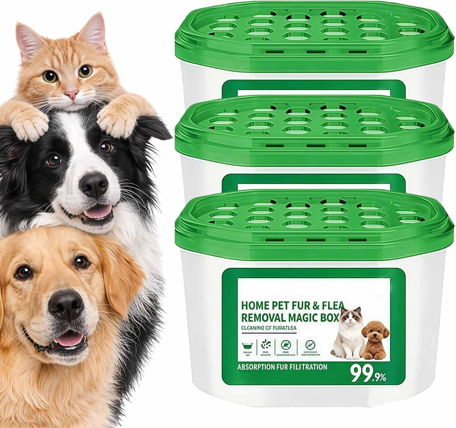 Home Pet Fur & Odor Removal Magic Box, 400ML Large Capacity Portable Air Purifier Box, Automatic Air Cleaner & Dust Collector for Home Bedroom Living Room Pet Areas (3PCS)