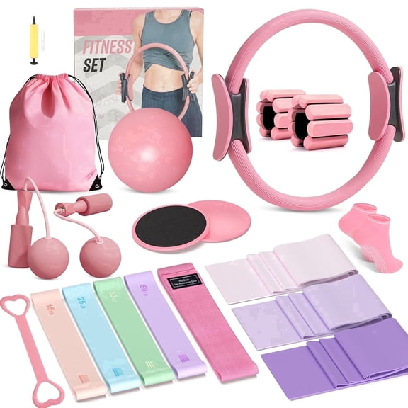 FiitDavz Home Workout Pilates Resistance Bands with Pilates Ring, Ball, Jump Rope, Ankle Weights, Sliders, Grip Socks 20-Piece