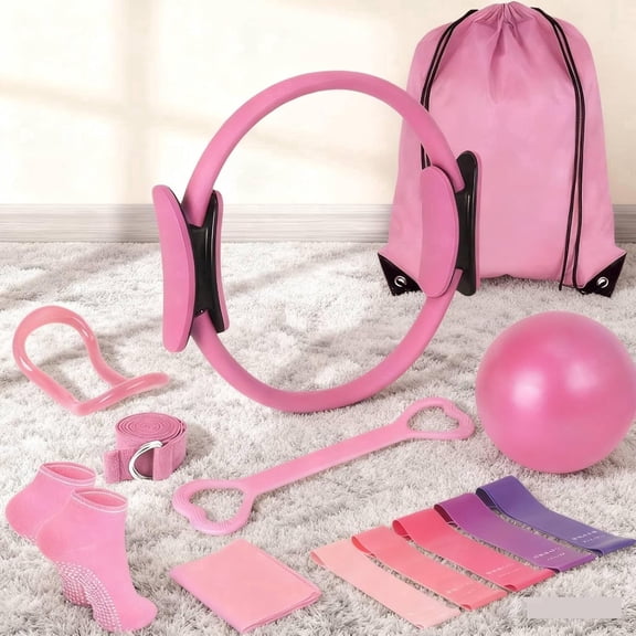 TYPPKMM Pilates Kit with 5 Resistance Bands, 14 Inch Magic Circle, Pilates Ball and Ring Set, Pink