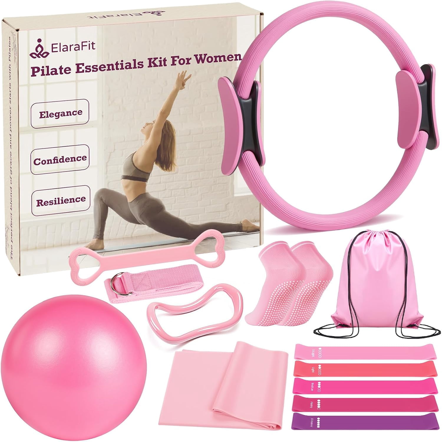 Kit De Pilates Essential 13 Pièces Pour Femme – Tout En Rose : Anneau, Ballon, Bandes Résistance, Chaussettes, Sangle – Parfait Pour La Maison Ou La Salle
