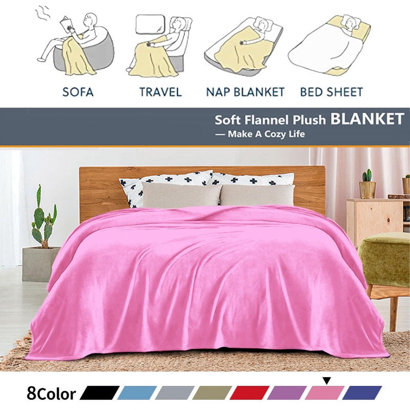 Home Pink Flannel Fleece Throw Blanket Twin Size, Solid Ultra Soft