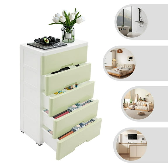 Home Plastic Chest of Drawers, Dresser Storage Cabinet, Drawer Plastic Drawers, With 5 Large Drawers,Wheels and Locks, Closet Plastic Drawer Furniture,For Clothes Playroom Bedroom Furniture(Green)