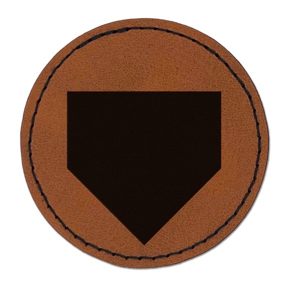 Home Plate Baseball 2.5" Faux Leather Round Engraved Iron-On Patch - Brown
