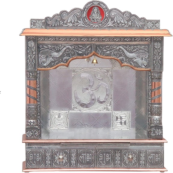 Home Pooja Wooden Mandir with Copper Oxidized Plated Puja Temple - Fully Assembled - 22 Inches Open