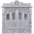 thumbnail image 1 of Home Pooja Wooden Mandir with White Oxidized Plated Puja Temple - Fully Assembled - 25 Inches with Doors, 1 of 7