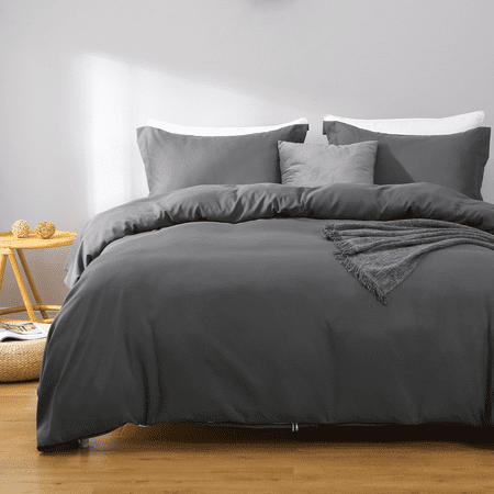 Home Queen Size Duvet Cover Set 100% Microfiber, 3 Pieces Solid Color Dark Grey Ultra Soft Skin-Friendly Comforter Cover Set (1 Duvet Cover +2 Pillowcases)