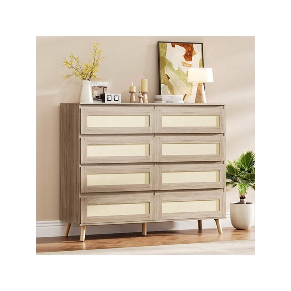 Home Rattan 8 Drawer Dresser For Bedroom, Wooden Dressers & Chests Of Drawers, Modern Farmhouse Storage Organizer For Closet, Entryway, Living Room log