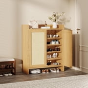 Home Rattan Shoe Storage Cabinet, Farmhouse Freestanding Wood Shoe Rack Organizer with Adjustable Shelves for Entryway Hallway Kitchen Living Room Bedroom