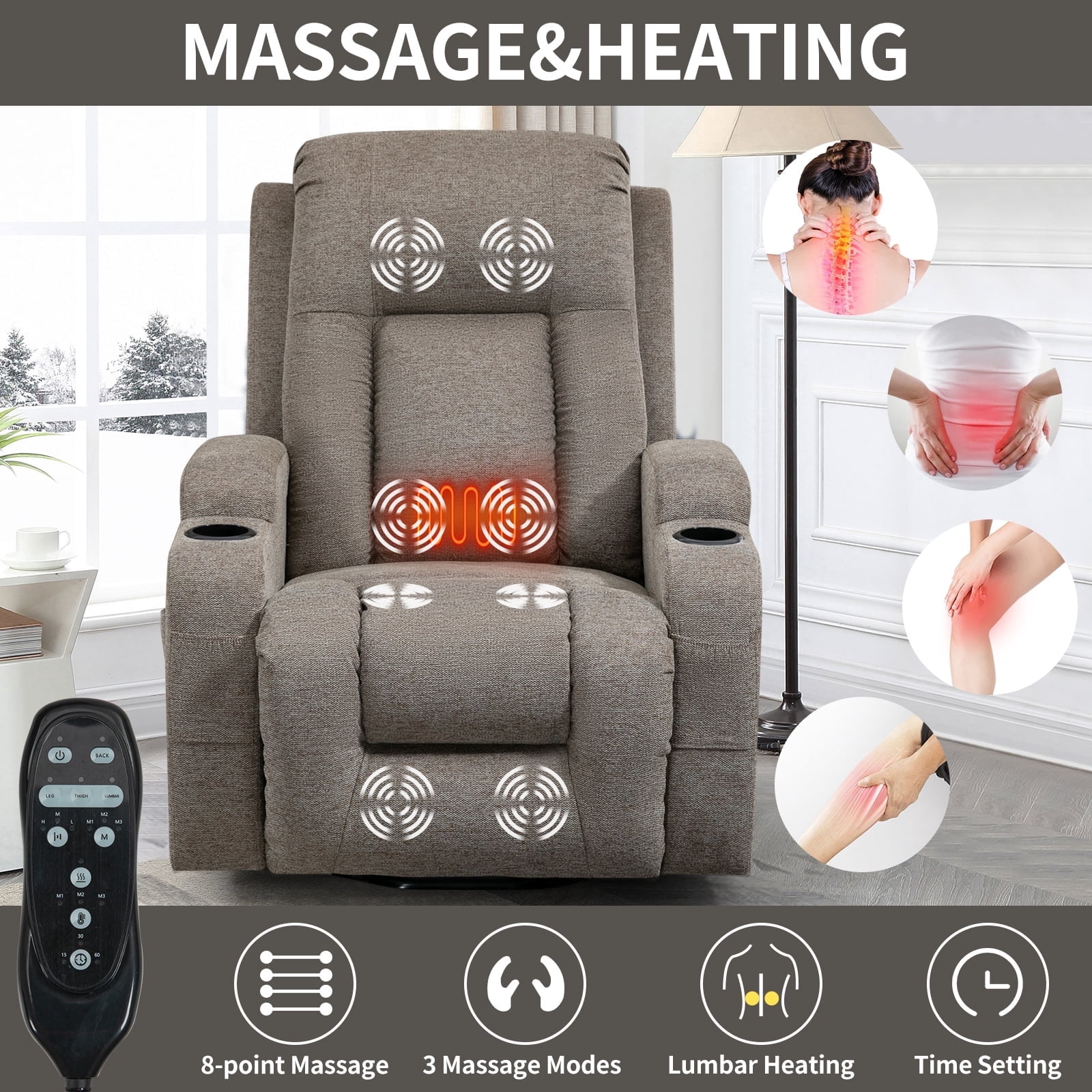 Power Lift Recliner Chair with Heat and Massage, 8-Point Vibration & Lumbar Heat, 330LB Capacity, Infinite Position, USB Charger, Side Pockets, Soft Fabric for Elderly, Brown