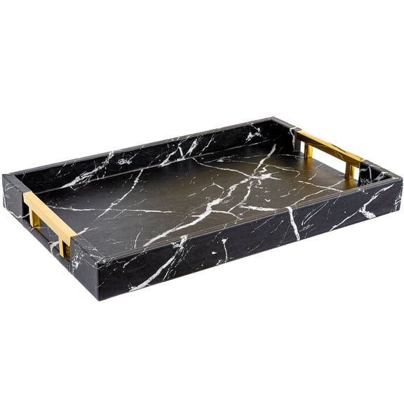 Home Redefined Rectangle Serving Tray Black Marble Faux Leather Gold Handles 17.5" x 12"