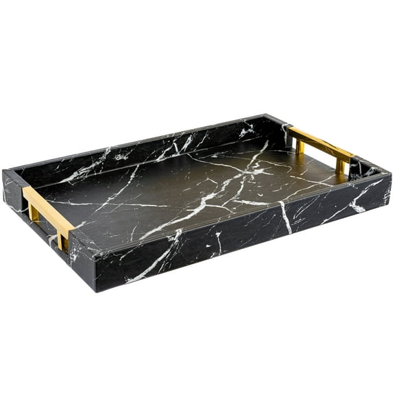 Home Redefined Rectangle Serving Tray Black Marble Faux Leather Gold Handles 17.5" x 12"