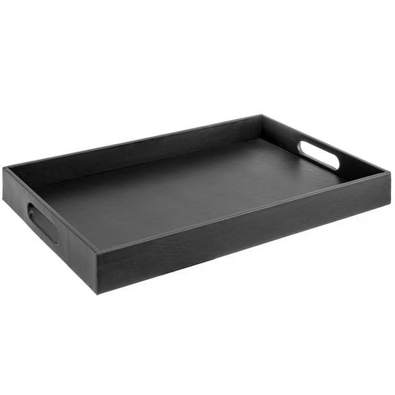 Home Redefined 17.5”x12” Rectangle Classic Faux Leather Decorative Serving Tray with Handles, Black