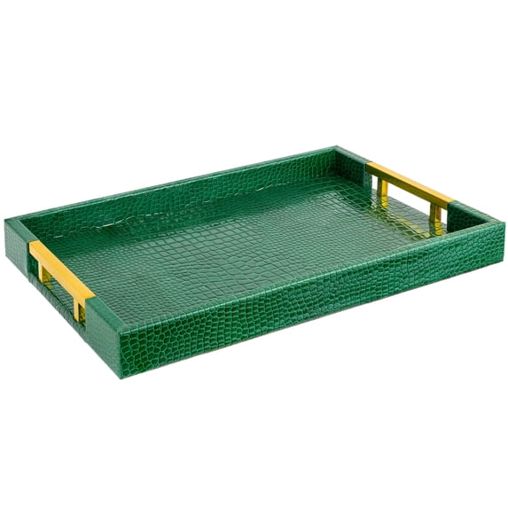 Home Redefined Decorative Rectangle Serving Tray, Crocodile Faux Leather, Gold Handles, 17.5" x 12", Crocodile Green