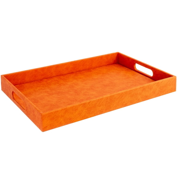 Home Redefined Decorative Serving Tray Rectangle Faux Leather with Handles Orange 17.5" x 12"