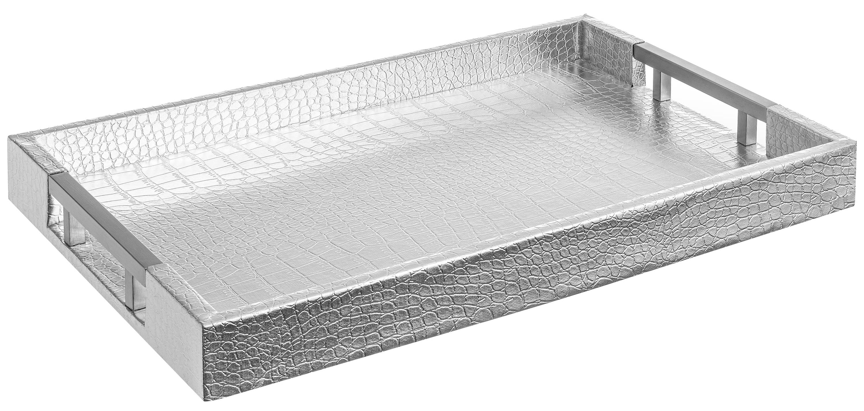 Modern Silver Faux Leather Serving Tray with Metal Handles