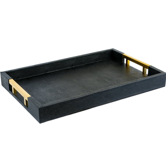 Home Redefined 17.5”x12” Rectangle Glossy Shagreen Faux Leather Decorative Serving Tray with Gold Polished Metal Handles, Black