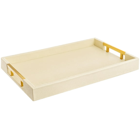 Home Redefined 17.5”x12” Rectangle Glossy Shagreen Faux Leather Decorative Serving Tray with Gold Polished Metal Handles, Cream