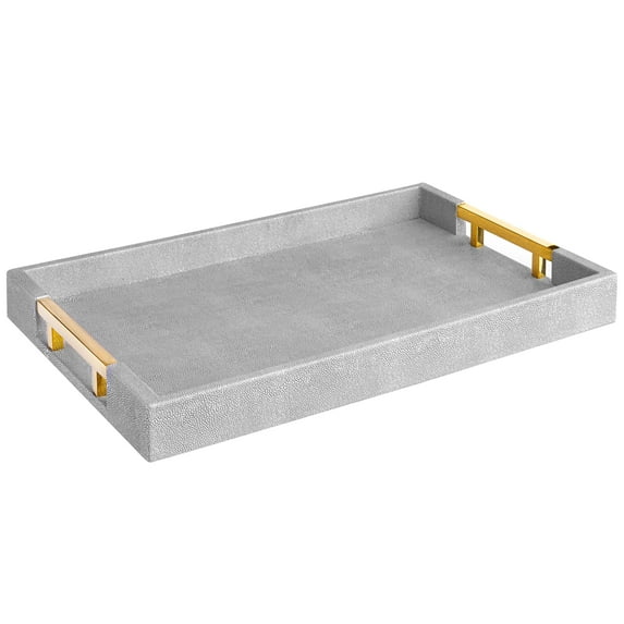 Home Redefined Rectangle Decorative Serving Tray Glossy Shagreen Faux Leather Gold Polished Metal Handles Grey 17.5"x12"