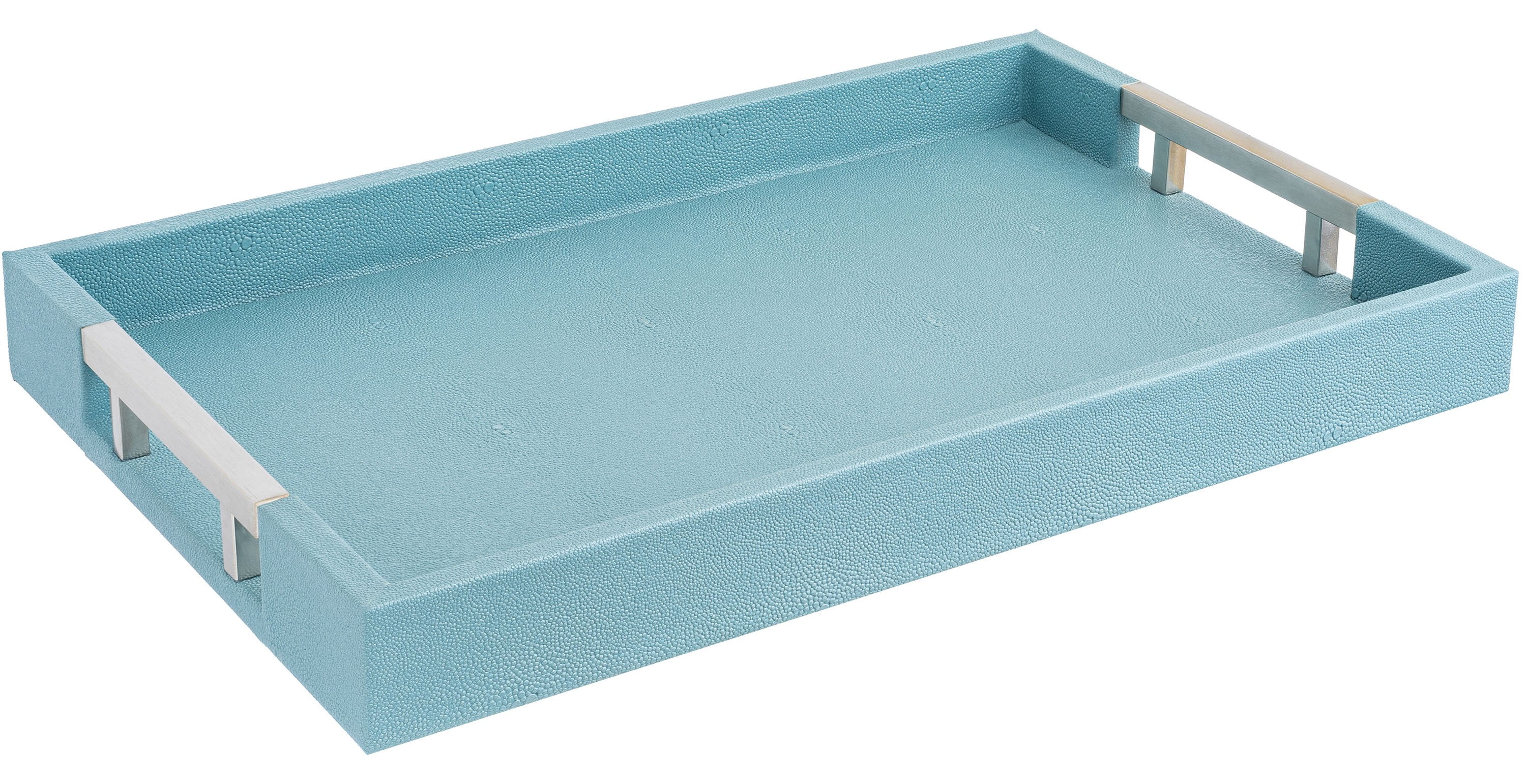 Elegant Baby Blue Shagreen Faux Leather Serving Tray with Silver Handles