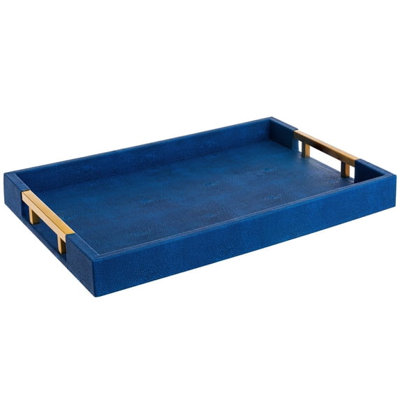 Home Redefined 17.5”x12” Rectangle Shagreen Faux Leather Decorative Serving Tray with Brass Metal Handles, Navy Blue