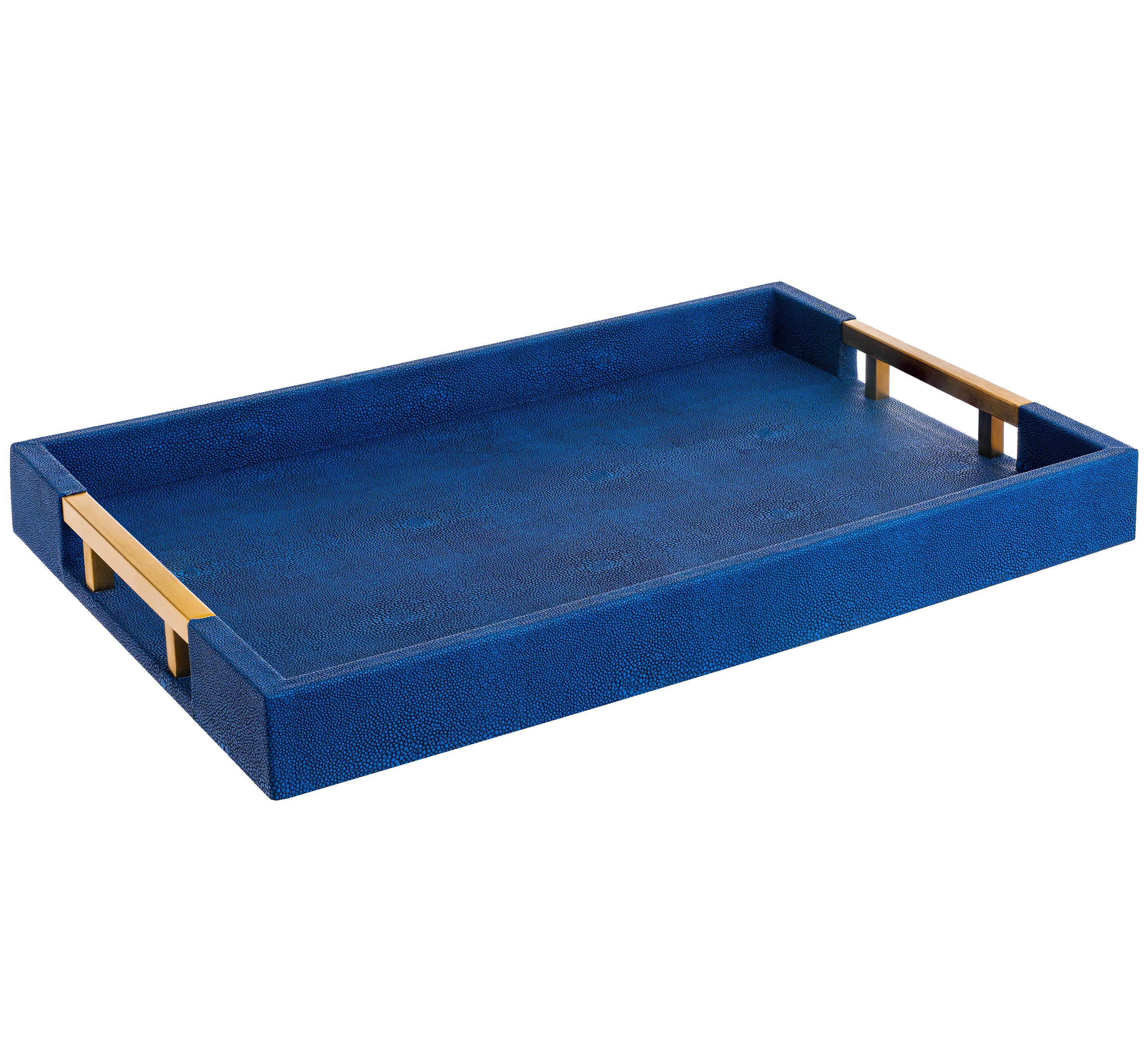 Navy Blue Faux Leather Shagreen Serving Tray with Brass Handles