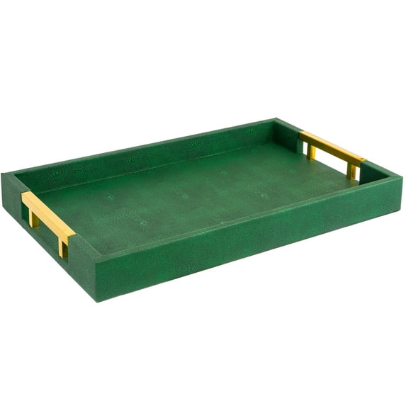 Home Redefined 17.5”x12” Rectangle Shagreen Faux Leather Decorative Serving Tray with Gold Polished Metal Handles, Emerald Green