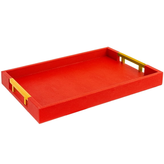 Home Redefined Shagreen Faux Leather Serving Tray with Gold Handles, Red, 17.5"x12" Rectangle