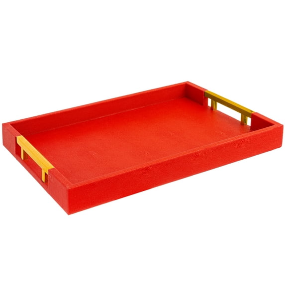 Home Redefined Shagreen Faux Leather Serving Tray with Gold Handles, Red, 17.5"x12" Rectangle