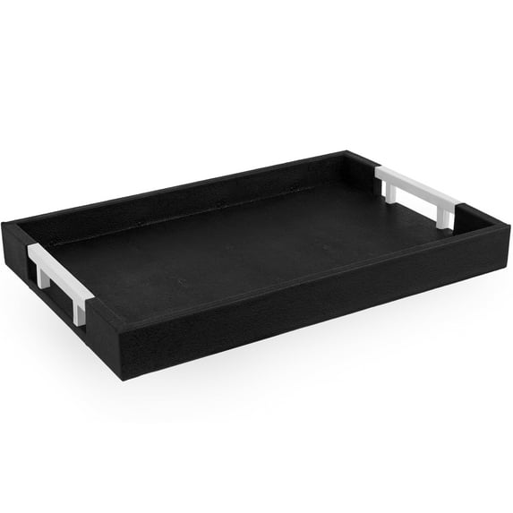 Home Redefined 17.5”x12” Rectangle Shagreen Faux Leather Decorative Serving Tray with Stainless Steel Metal Handles, Black