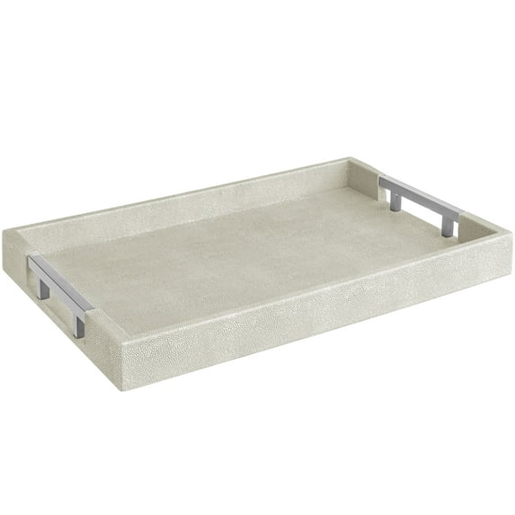 Home Redefined 17.5”x12” Rectangle Shagreen Faux Leather Decorative Serving Tray with Stainless Steel Metal Handles, Natural Ivory