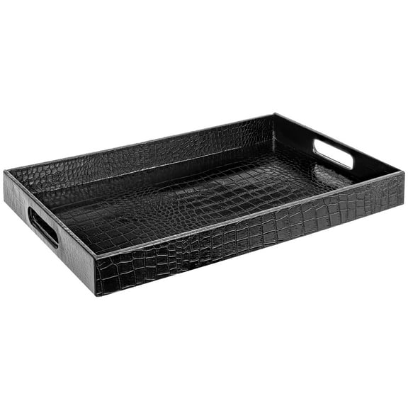 Home Redefined Decorative Serving Tray Alligator Faux Leather Rectangle Black with Handles 17.5x12 inch