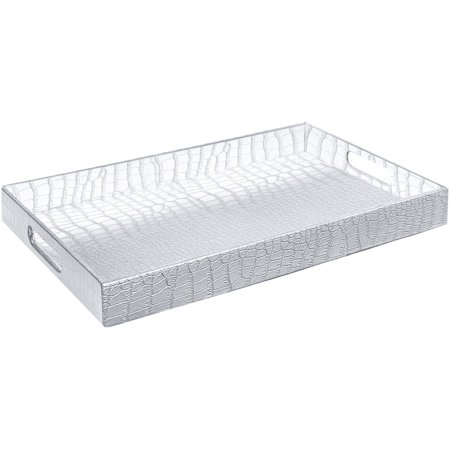 Home Redefined Serving Tray Alligator Faux Leather Decorative Rectangle with Handles Silver 17.5x12"