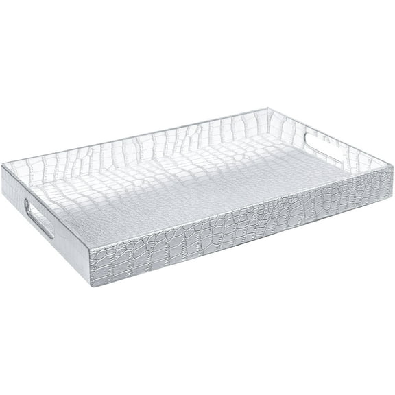 Home Redefined Serving Tray Alligator Faux Leather Decorative Rectangle with Handles Silver 17.5x12"