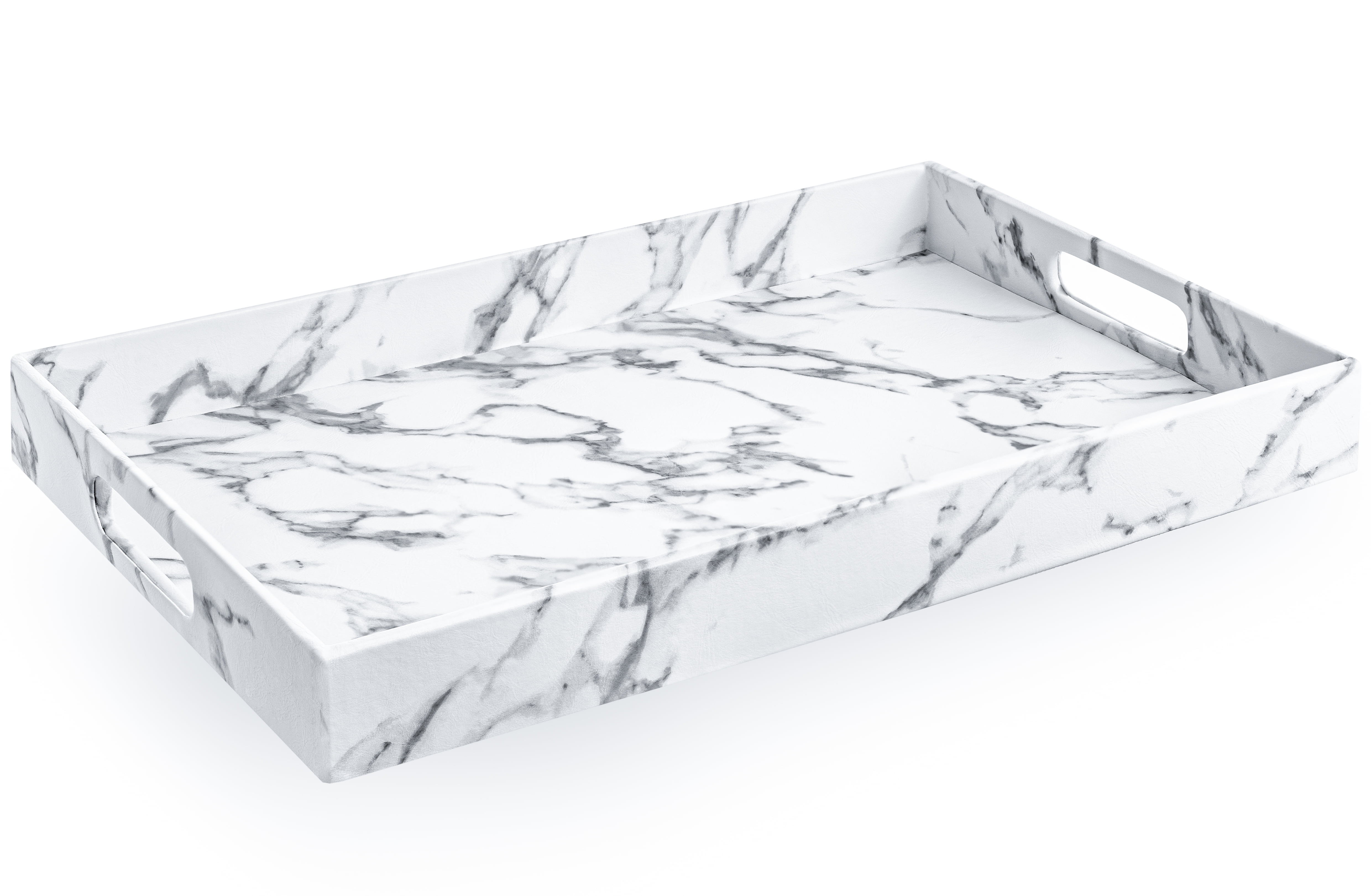 Modern White Marble Faux Leather Rectangular Serving Tray with Handles