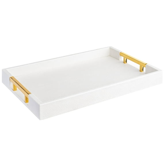 Home Redefined Serving Tray, Rectangle, Faux Leather with Gold Handles, White, 17.5" x 12"