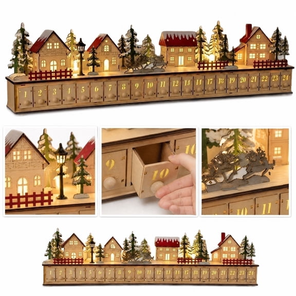 Home Reflections Christmas Village Advent Calendar, Lighted Advent Calendar Village, Wood-Look Christmas Countdown Decoration for Living Room