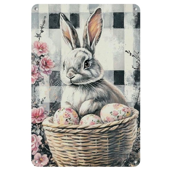 Home Relaxation | Charming Bunny Wall Art with Pink Floral & Checkered Design - Vintage Iron Decor for Living Room, Bedroom, Kitchen & More - Easy to Hang, No Power Needed, Durable