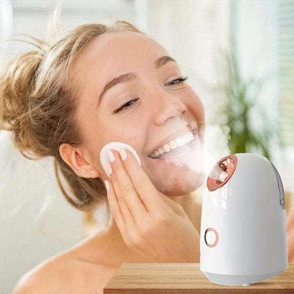 Home Relaxation| Elegant White Facial Steamer with Copper Accents - Nano Mist Spray Humidifier, One-Touch Operation,Deep Clean & Tighten Skin, Daily Hydration for Maximum Serum Absorption