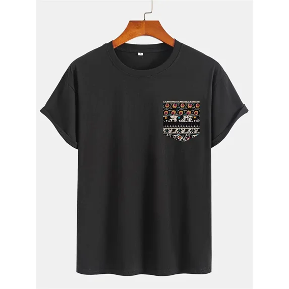 Home Relaxation | Men'S Black Cotton T-Shirt with Colorful Ethnic Print Pocket - Casual Crew Neck, Short Sleeve, Machine Washable, Casual T Shirts