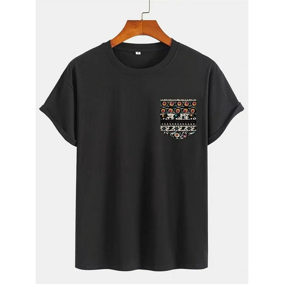 Home Relaxation | Men'S Black Cotton T-Shirt with Colorful Ethnic Print Pocket - Casual Crew Neck, Short Sleeve, Machine Washable, Casual T Shirts