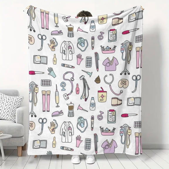 Home Relaxation Nurse Themed Flannel Blanket with Medical Print Soft Warm and Lightweight Perfect Gift for Nurses Family Healthcare Heroes Ideal for Home Office or Travel Nurse Accessories