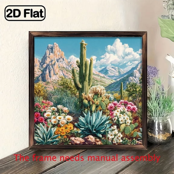 Home Relaxation Rustic Desert Cactus Art Wooden Sign with Frame 8x8in Vibrant Wall Decor Featuring Mountains, Cacti Wildflowers Perfect for Living Room, Bedroom, Office Garden Mexican Home Decor