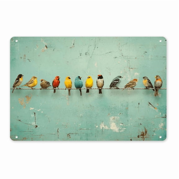 Home Relaxation Vintage Bird Metal Tin Sign - Rustic Wall Art with Colorful Birds on Wire, Distressed Green Background, IndoorOutdoor Decor for Home, Office, Cafe, Bar, Library, Garage - 12x8in