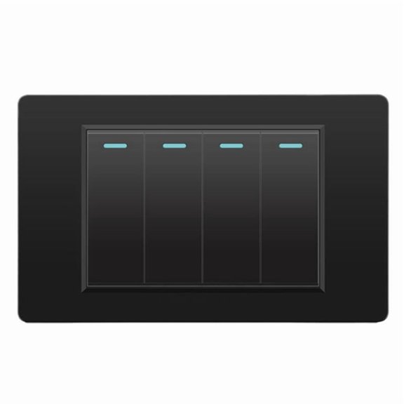Home Renovation 4-Gang Wall Light Switch, 118x74mm, Tempered Glass Panel, Mechanical Button, Black